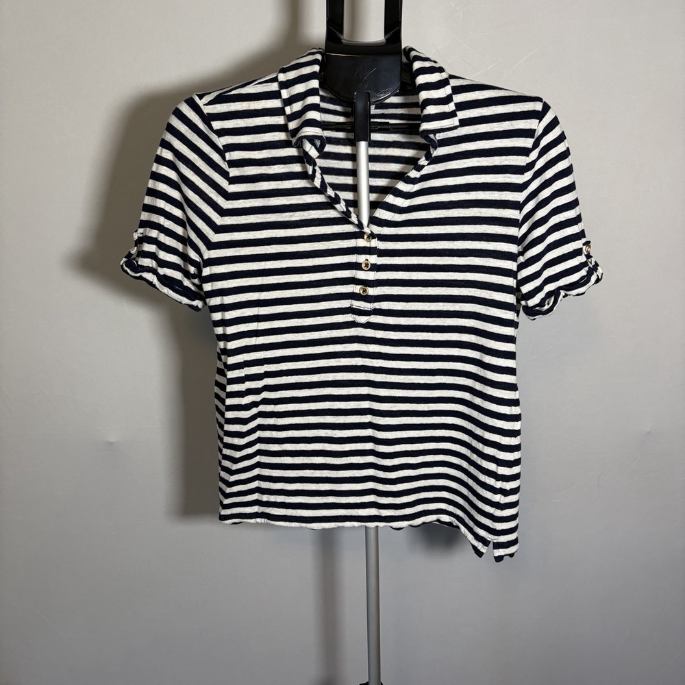 Chicos 2 Large Blue White Stripe Linen Blouse Nautical Fisherman Coastal Womens